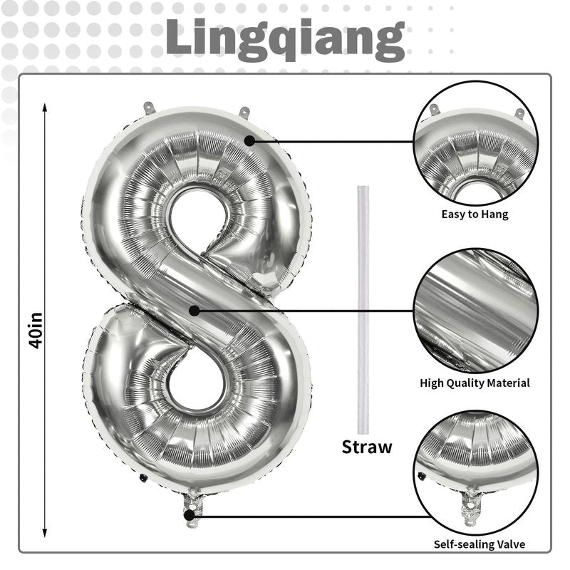 Silver Foil Balloon Number 8 for Boys, 40'' Giant Self Inflating Number Balloons Set 0-9 for Girls, Large Number 8 Helium Balloon for Women Men 8th Birthday Anniversary Party Decorations Supplies