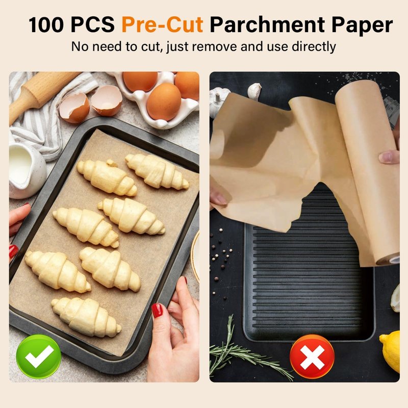 Parchment Paper Sheets, 9x13 In Unbleached Non-Stick Parchment Paper for Baking, Grilling, Air Fryer, Steaming, and More,100PCS Baking Paper Perfect for Bread, Cakes, Cookies