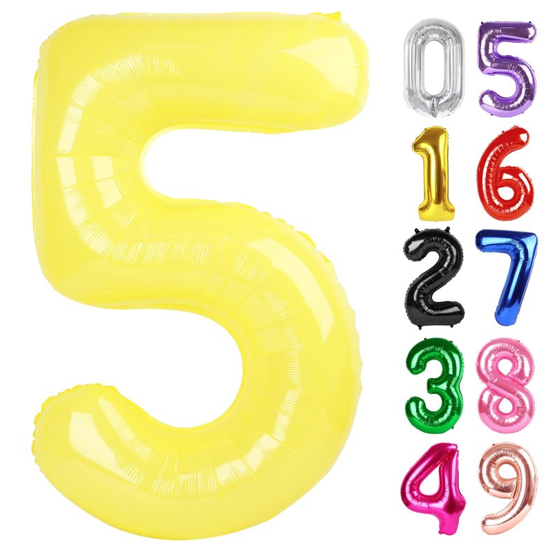 Yellow Number 5 Balloon 40 Inch, 5th Birthday Party Decorations for Children, Giant 5 Foil Balloon for Party Supplies