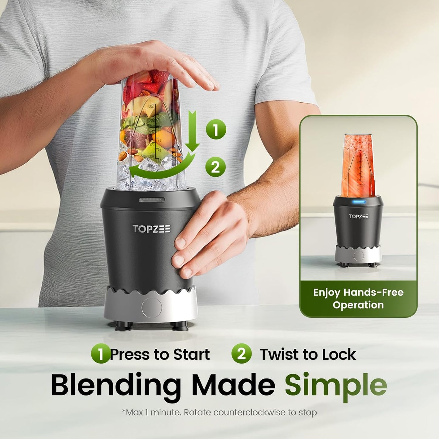 TOPZEE Personal Smoothie Blender - 1000W Single-Serve Blender with 24oz To-Go Cup | Ideal for Protein Shakes & Smoothies, Black