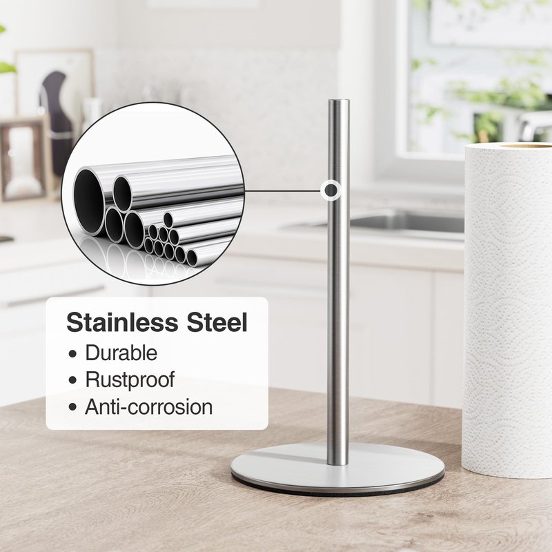 Silver Paper Towel Holder Free-Standing, Premium Stainless Steel Paper Rolls Organizer, Classic Fashion Kitchen Roll Dispenser