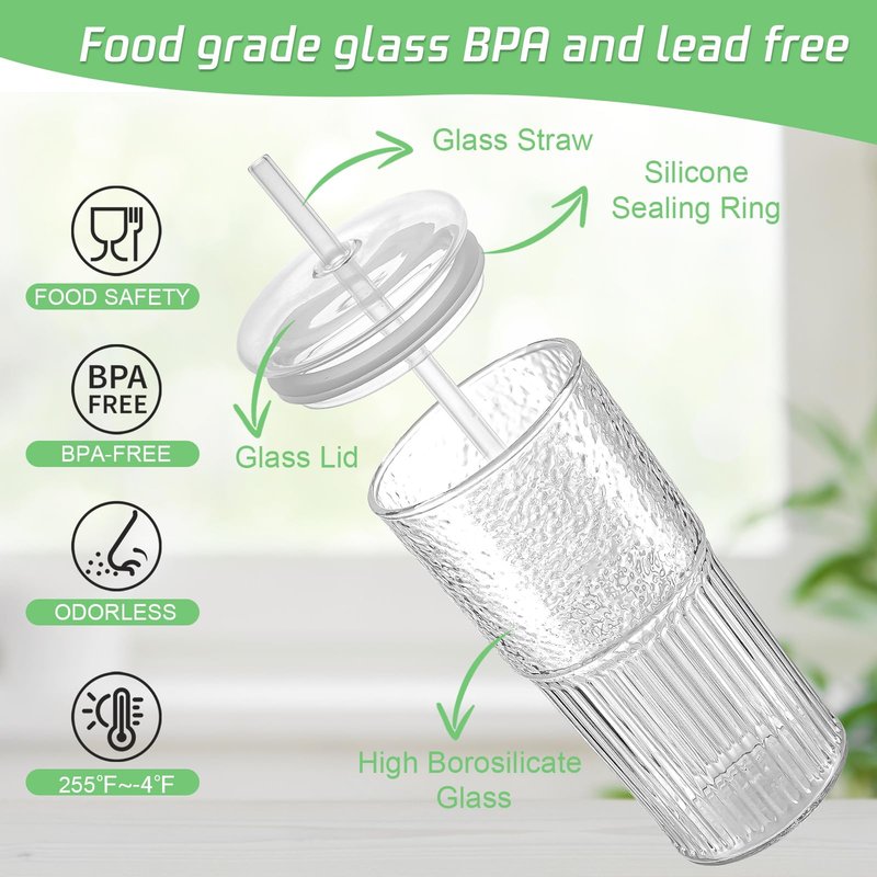 Luiaiog Glass Cups with Lids and Glass Straws, High Borosilicate 20OZ Tumblers (2Pcs) for Coffee, Tea, Juice, Smoothies, Hot/Cold Drinks at Home, Office