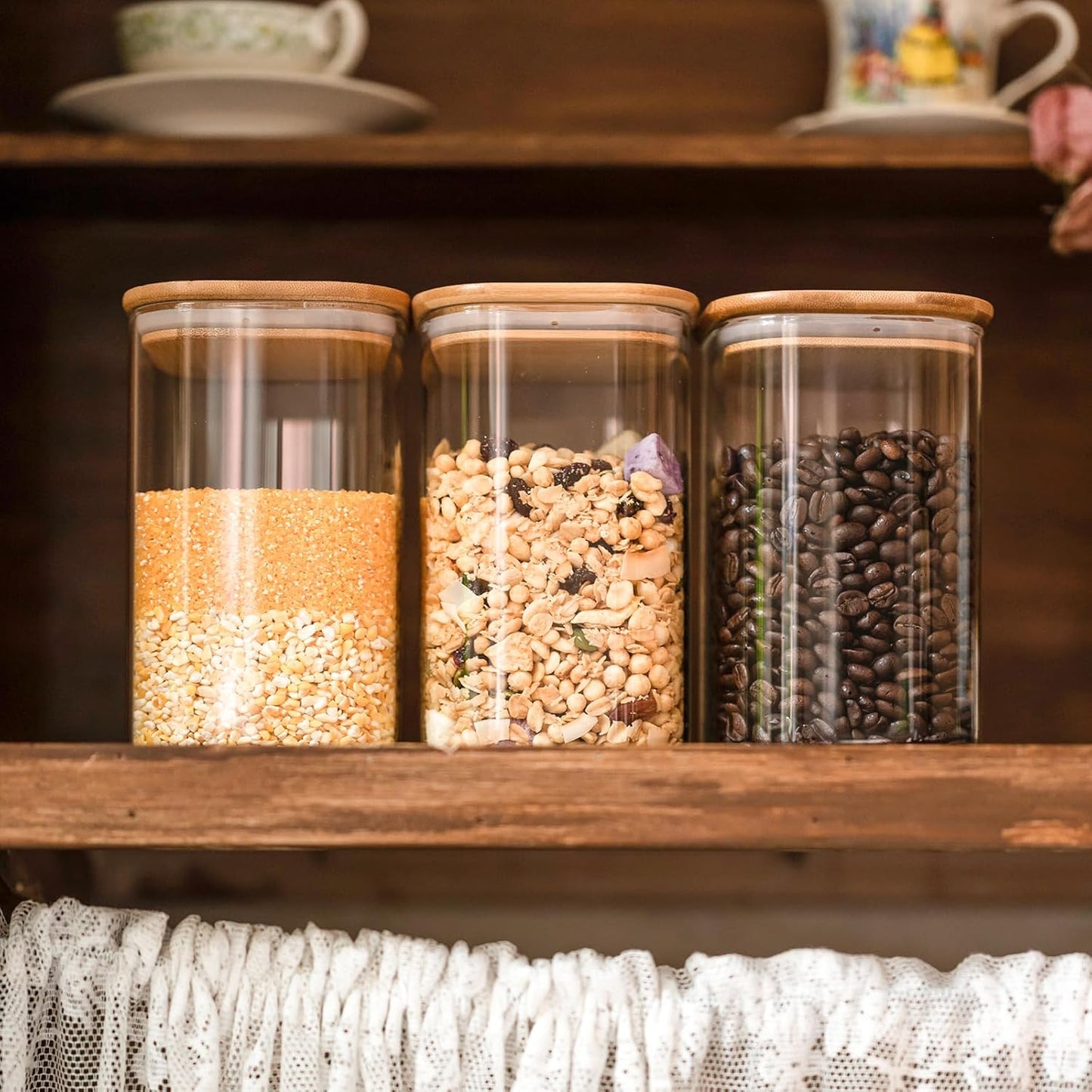 Skiennix Glass Food Storage Jars - 37 Oz Airtight Canisters with Bamboo Lids | Set of 6 for Tea, Coffee, and More