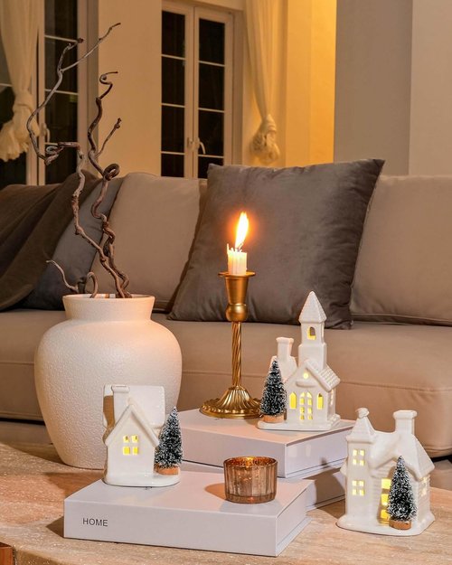 DN DECONATION Christmas Village Houses Set - 3 Ceramic Porcelain Decor with Frosted Trees | White Holiday Figurines