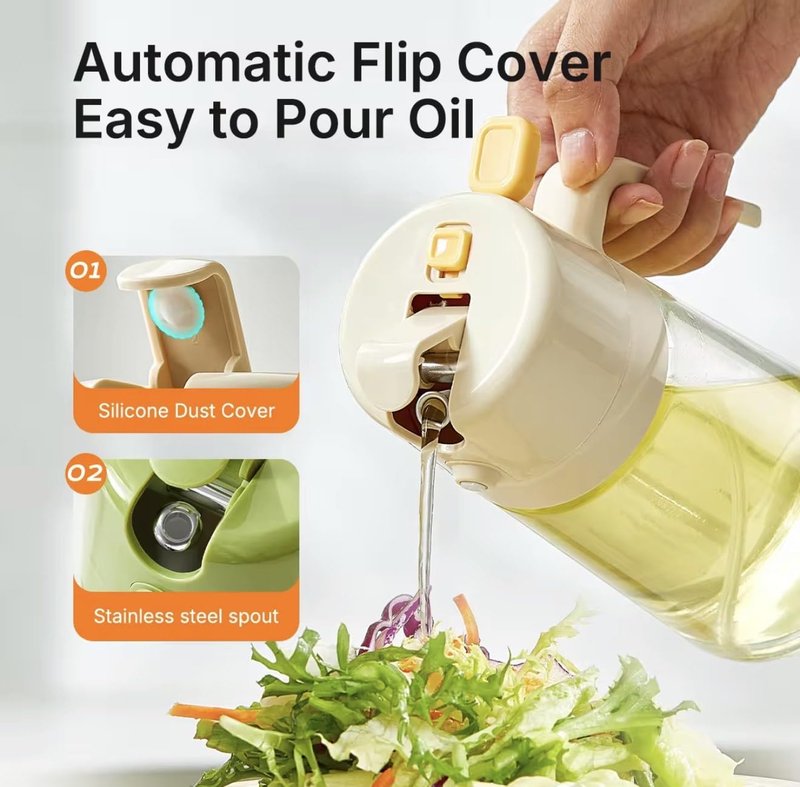 BEAUTIVANA 16oz/470ml Glass Olive Oil Sprayer for Cooking with Stickers, 2 in 1 Oil Dispenser for Kitchen Gadgets, Food Grade Premium Spray Bottle with Portion Control for Salad, Frying, BBQ (Green)