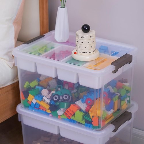 Citylife 32 QT Plastic Storage Bins - Large Stackable Containers with Removable Tray | Organize Crafts, Clothes & Office Supplies (4 Pack)