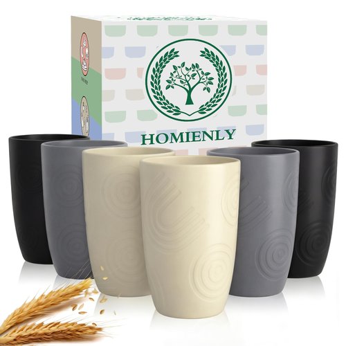 Homienly Premium Wheat Straw Cups Set of 6, Reusable 16oz Water Glasses Lightweight and Unbreakable Drinking Cups,Alternative Plastic Cup Dishwasher Safe Cups for Home and Outdoor - GreyStone