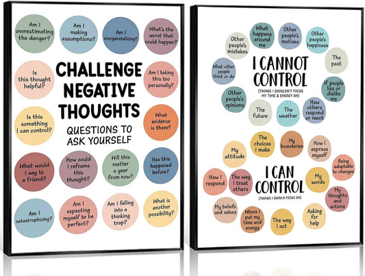 2Pcs Mental Health Wall Art - Motivational Canvas Prints for Challenging Negative Thoughts | 12x16in Unframed