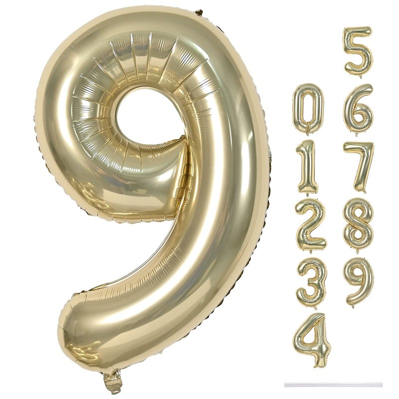 40 Inch Champagne Gold Foil Balloon Number 9, Large Self Inflating Light Gold Number Balloons 0-9 Helium Balloons Set for Girls Boys 9th Birthday Women Anniversary Graduation Party Decoration Supplies