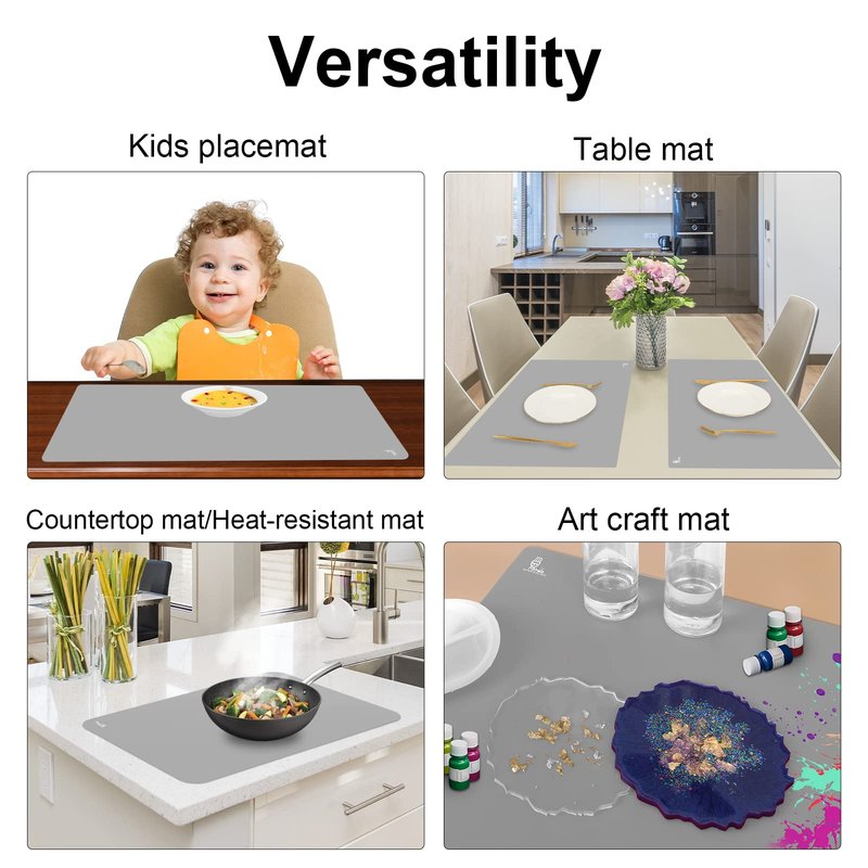 Thick Silicone Counter Mat Large Set of 2, Heat Resistant Pad for Kitchen Table/Countertop Protector/Non Stick Pastry Baking Placemats, Silicone Mat for Crafts Kids (20×28, Gray)