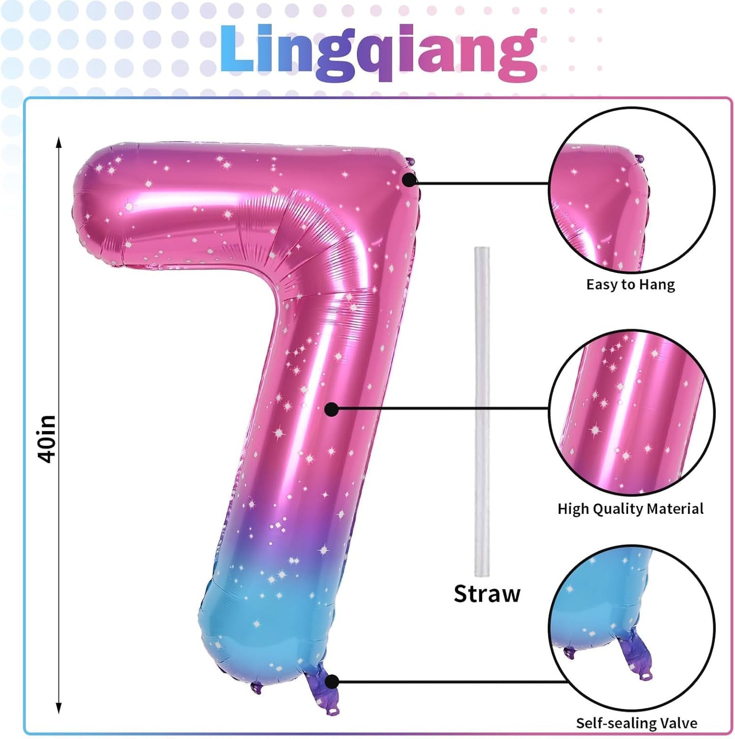 Skiennix 40'' Rainbow Number 7 Balloon - Giant Self-Inflating Gradient Blue & Pink Foil for 7th Birthday Party Decorations