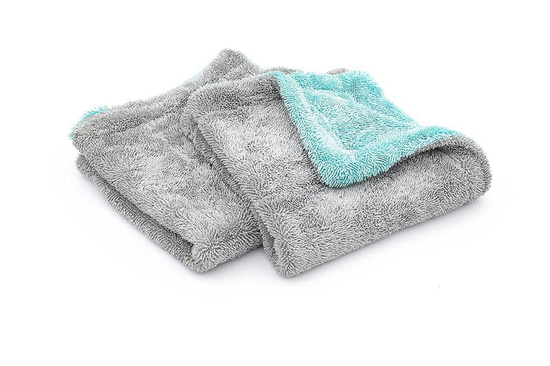 The Rag Company, The Liquid8r, Absorbent 70/30 Blend Microfiber Drying Towel for Cars, Trucks, and SUVs, Safe for Detailing, Scratch-Free, Twist Loop, 1100 GSM, 16x16 Inches, Aqua Blue/Grey, 2-Pack