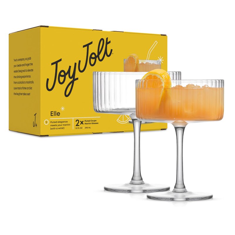 JoyJolt Elle Fluted 10oz Coupe Glass Set of 2, Unique Champagne Glasses for Cocktails and Martinis, Ribbed Vintage Style Drinking Glasses