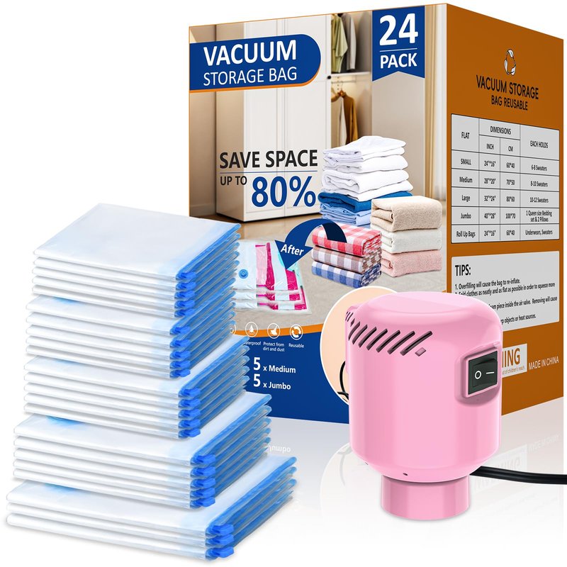 24 Pack Vacuum Storage Bags with Electric Pump, Space Saver Bags (5 Jumbo, 5 Large, 5 Medium, 5 Small, 4 Roll Up Bags) Travel Vacuum Seal Bags for Clothes, Bedding,Blankets,Duvets, Pillows
