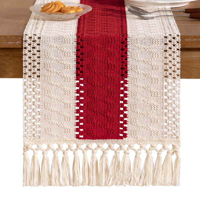 Socomi Boho Table Runner Easter Spring Farmhouse Rustic Dining Kitchen Centerpiece Decor Small Macrame Woven Cotton Linen Coffee Table Runner for Dresser Scarf Home Decor 12x48 in Red Ivory