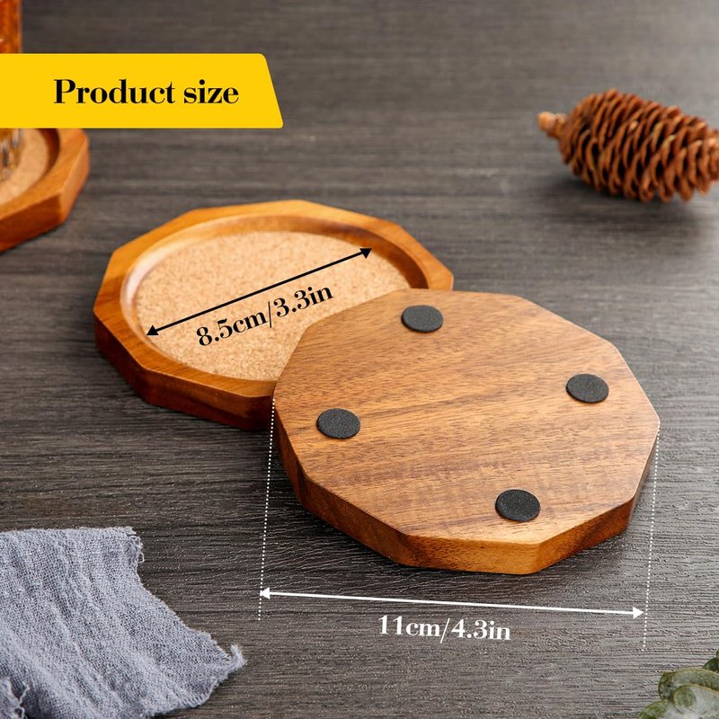 LiWiBet Wood Cork Coasters for Drinks Absorbent with Holder, 4.33in Decagonal Shape Acacia Wood Coaster Set Drink Coasters for Cups, Mugs, and Glasses - Handcrafted, Durable, and Stylish