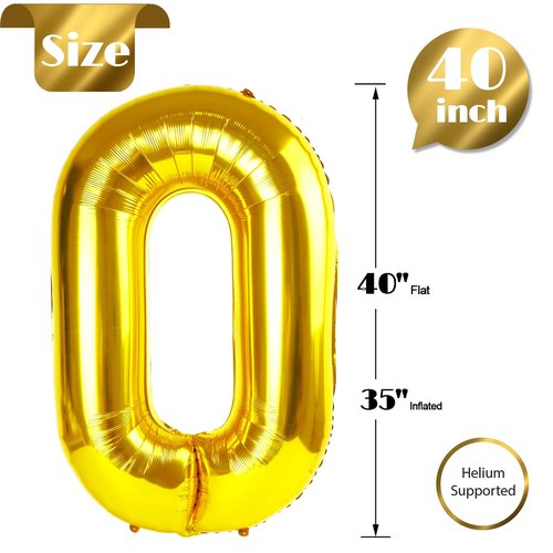Gold Number 0 Balloon 40 Inch, 0 Balloon Numberfor 10th 20th 30th 40th 50th 60th Birthday Decorations, Gold Party Supplies for Men Women