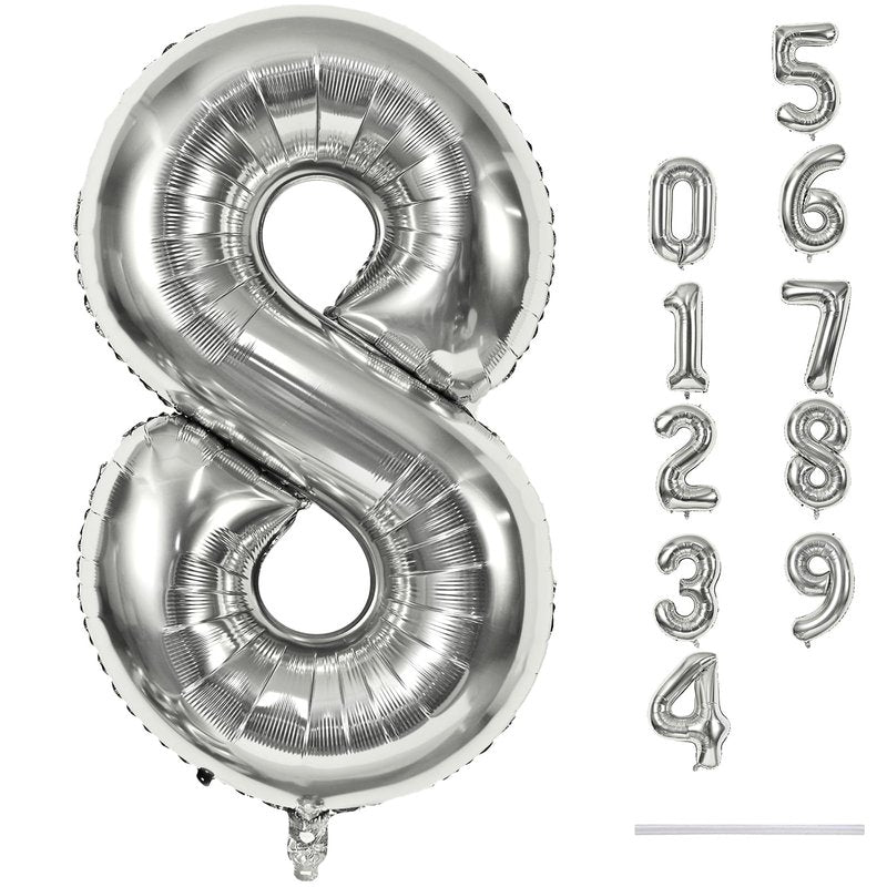 Silver Foil Balloon Number 8 for Boys, 40'' Giant Self Inflating Number Balloons Set 0-9 for Girls, Large Number 8 Helium Balloon for Women Men 8th Birthday Anniversary Party Decorations Supplies