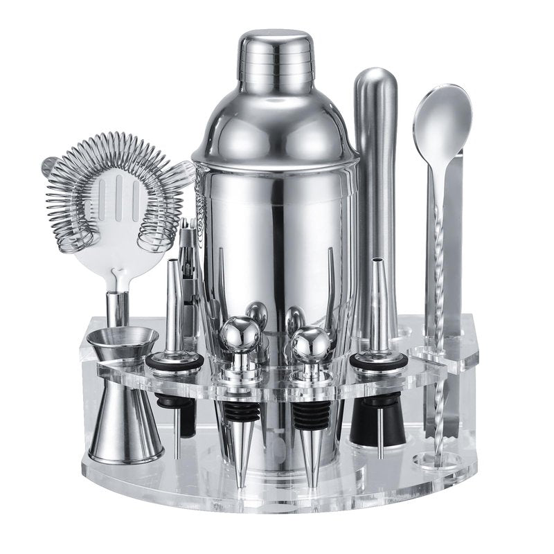 Bartender Kit Cocktail Shaker Set, Stainless Steel Cocktail Kit with 12 Piece Bar Accessories, 25oz Shaker Bar Set Drink Mixer Set with Stand Jigger Strainer Spoon Muddler for Cocktails (Silver)