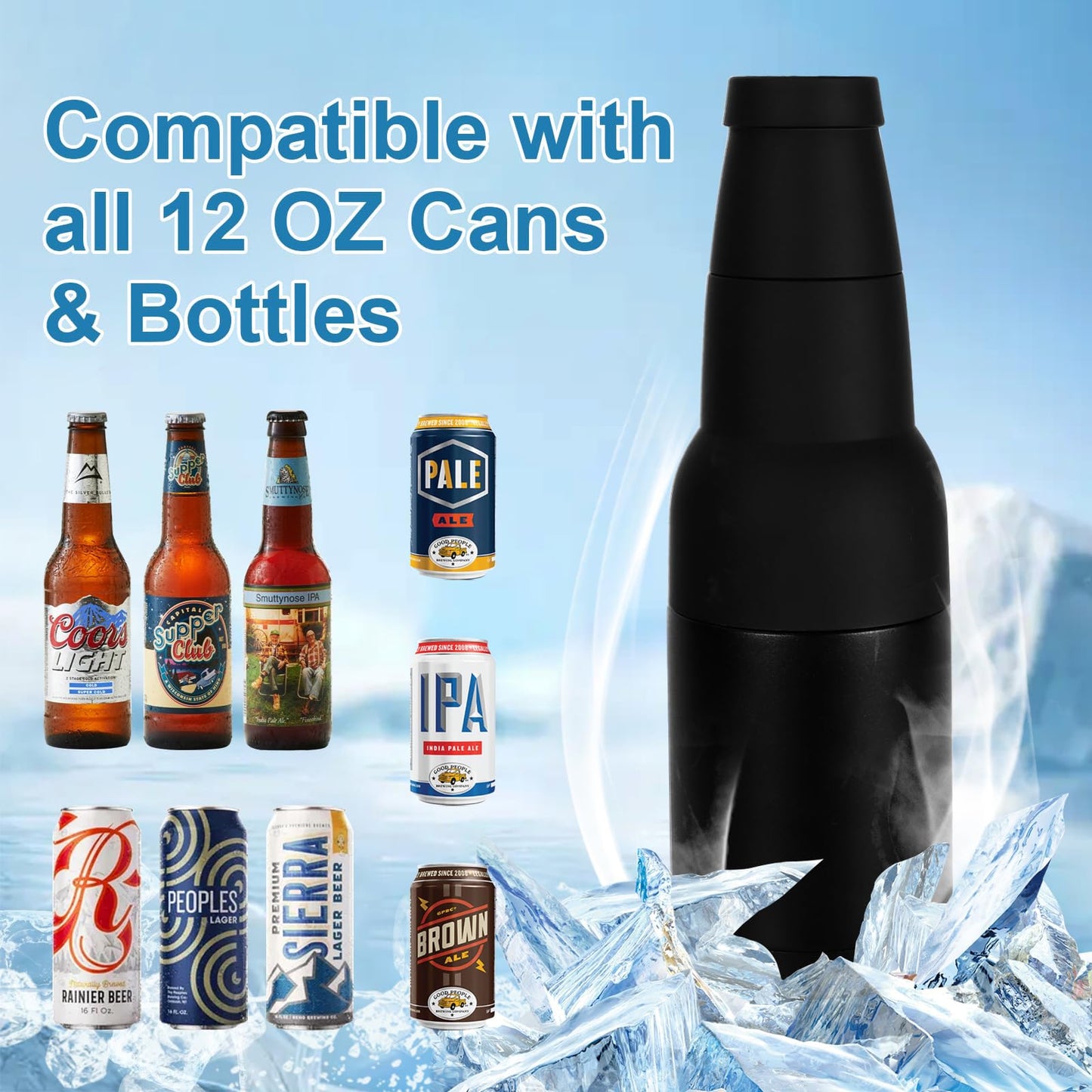Hgkeke 12oz Universal Beer Bottle Holder Double Walled SS Beer Bottle Cooler 3 in 1 Can Koozie with Beer Opener Vacuum Insulated - fit Fishing,Camping Outdoor Activities and Nice Gift for Men(Black)