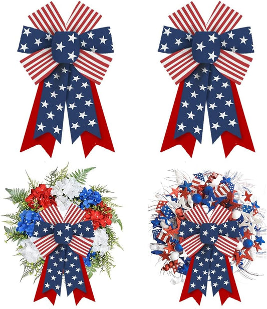 Threetols Patriotic Wreath Bows - 2pcs Red, White & Blue Burlap Bows for Memorial Day & 4th of July Decor