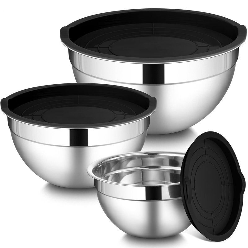 LIANYU Mixing Bowls with Lids Set of 3, Large & Small Stainless Steel Nesting Metal Bowls for Kitchen Storage, Dishwasher Safe, Size 1.5QT & 3QT & 4.6QT, Black