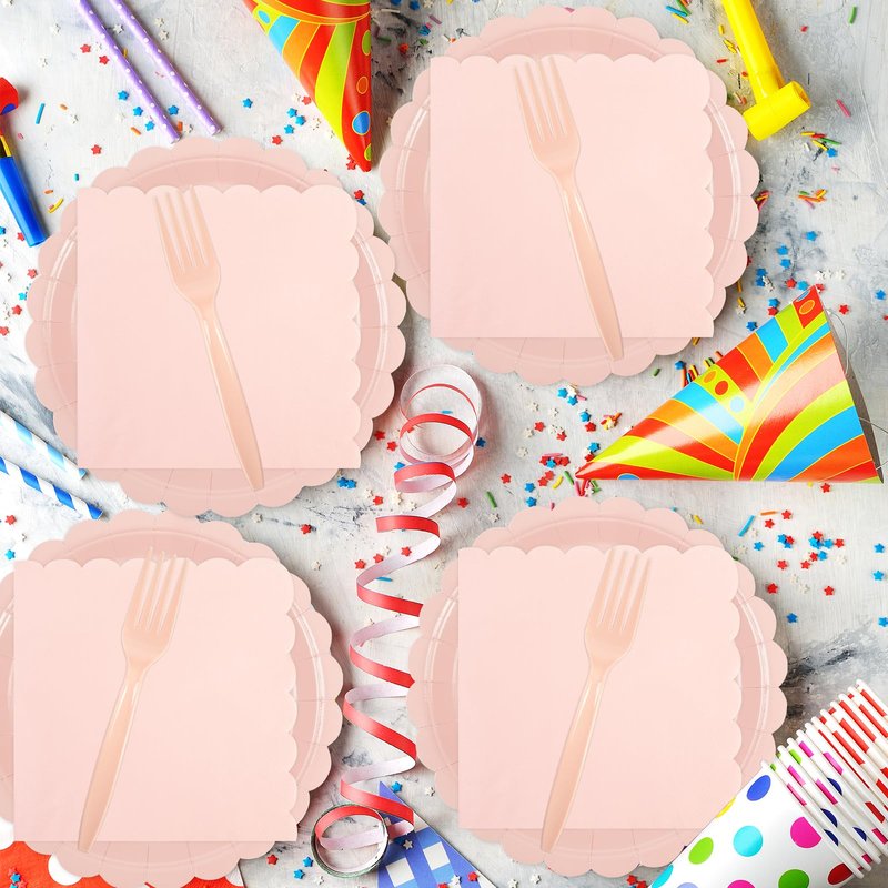 PUEVENYI 96PCS Pink Paper Plates and Napkins, 24 Guest Light Pink Disposable Scalloped Paper Plates Napkins and Forks Decoration Party Supplies for Valentine's Day Birthday Wedding Baby Shower