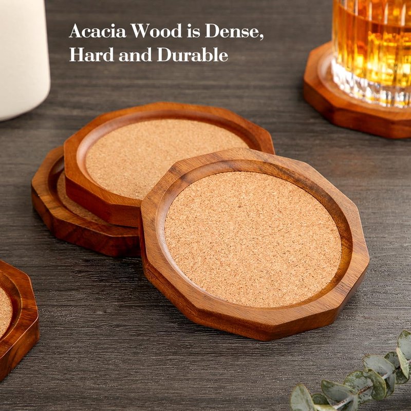 LiWiBet Wood Cork Coasters for Drinks Absorbent with Holder, 4.33in Decagonal Shape Acacia Wood Coaster Set Drink Coasters for Cups, Mugs, and Glasses - Handcrafted, Durable, and Stylish