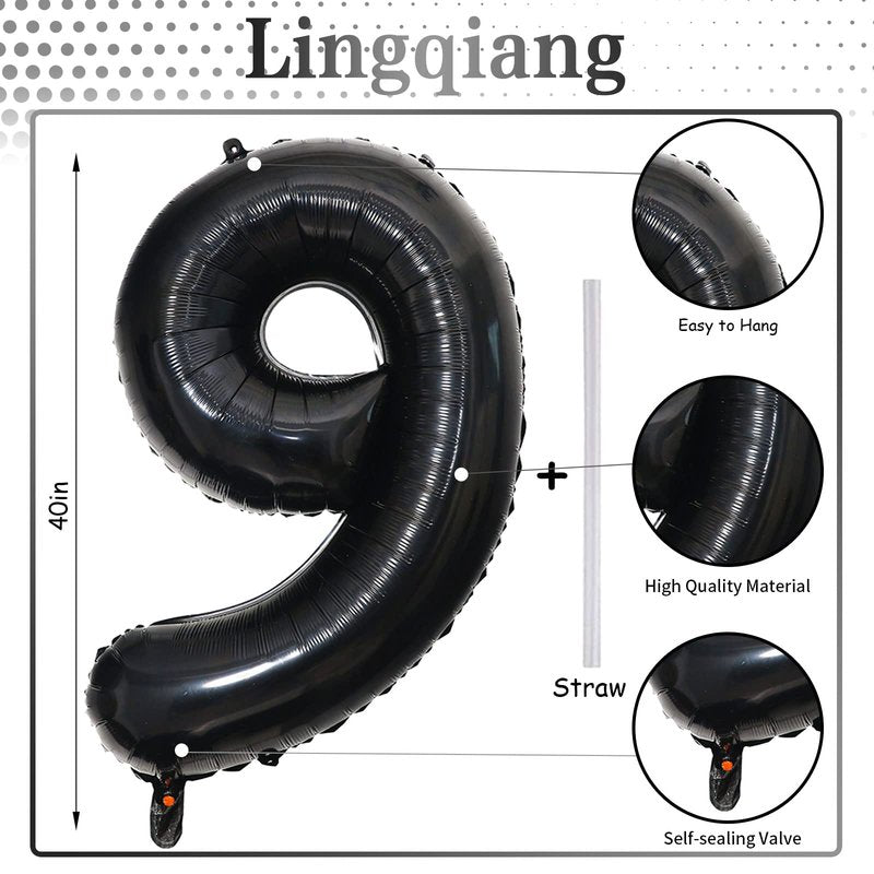 40'' Black Number 9 Balloons, Giant Self Inflating Foil Number Balloons Set 0-9, Large Digital 9 Helium Balloon for Girls Boys 9th Halloween Birthday Party Decorations Anniversary Photo Shoot Supplies