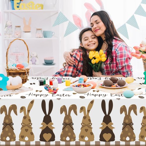 Avezano 3pcs Happy Easter Tablecloth 108 x 54 inch Buffalo Plaid Easter Party Tablecloths Rectangular Brown Bunny Plastic Table Cloth Disposable for Party Decorations