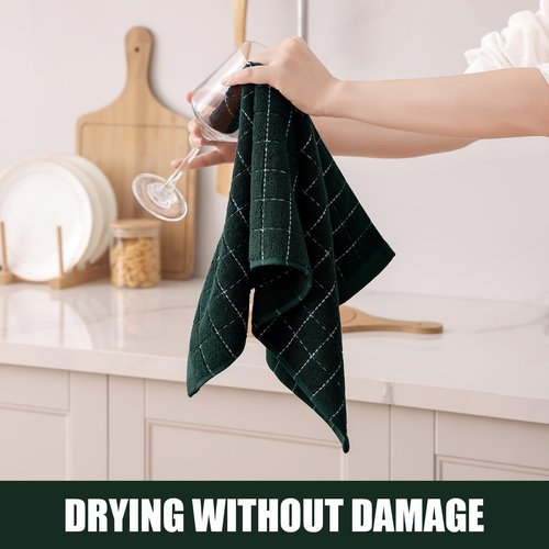 Homaxy 100% Cotton Terry Kitchen Towels(Blackish Green, 13 x 28 inches), Checkered Designed, Soft and Super Absorbent Dish Towels, 4 Pack