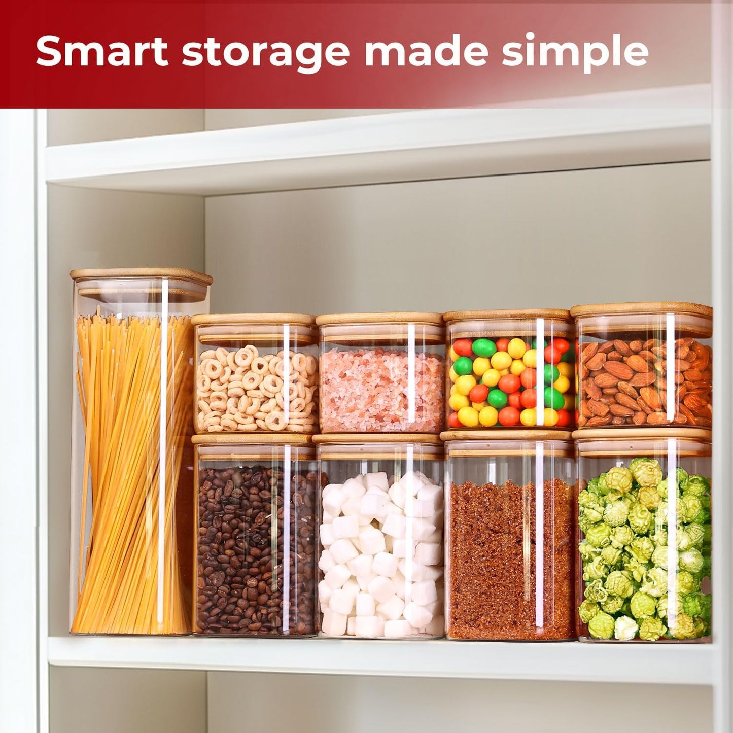 Skiennix 1Qt Airtight Glass Canisters - Bamboo Lid Square Pantry Storage for Coffee, Snacks & More | 4-Pack