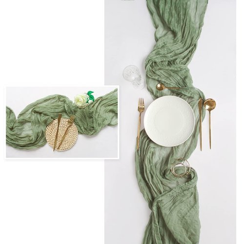 FEXIA Cheesecloth Table Runner Sage Green for Woodland Baby Shower Bridal Wedding Decoration Gauze Rustic Table Runner for Party First Communion Centerpiece Engagement 35x120 Inches