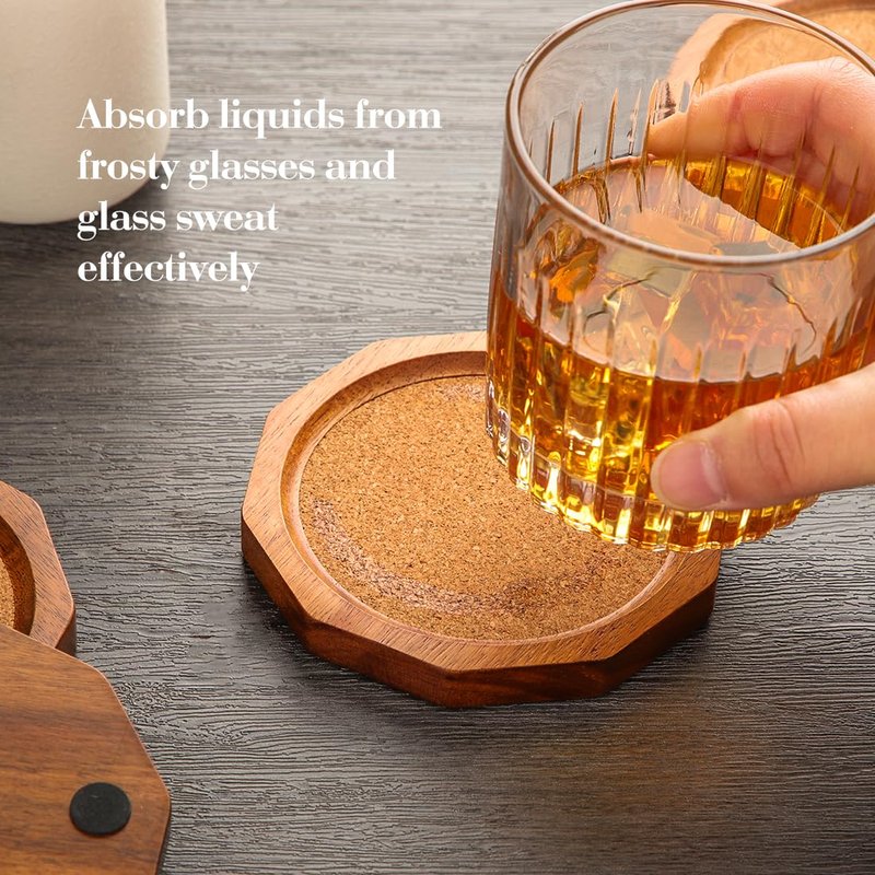 LiWiBet Wood Cork Coasters for Drinks Absorbent with Holder, 4.33in Decagonal Shape Acacia Wood Coaster Set Drink Coasters for Cups, Mugs, and Glasses - Handcrafted, Durable, and Stylish
