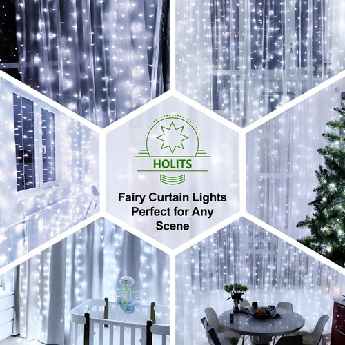HOLITS 2 Pack 300 LED Fairy Curtain Lights, 9.8 x 9.8FT White USB Plug in 8 Modes String Hanging Lights with Remote for Christmas, Bedroom, Indoor, Outdoor, Weddings, Party (Cold White)