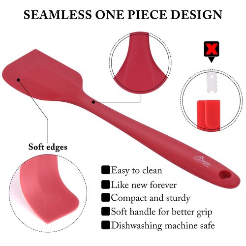 HOTEC Heat Resistant 600℉ BPA-Free Silicone Rubber Spatula Set, Kithchen Cooking Spatulas, Baking, Mixing, for Non Stick Cookware, Dishwasher Safe, Red Set of 5