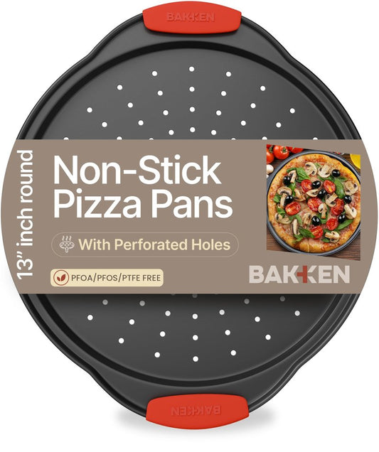 Bakken Pizza Baking Pan - Round Perforated Carbon Steel Pan with Non-Stick Marble Coating, Oversized Silicone Handle, Dishwasher Safe, High-Temperature Resistant, Durable & Easy Cleanup Black, 1 Pack