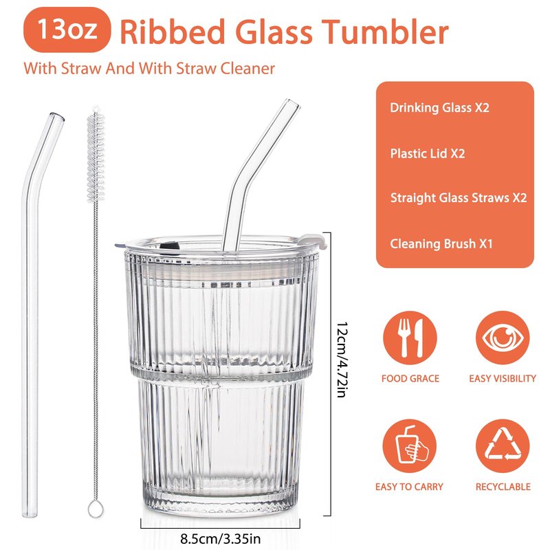 SoulTimes 13oz Glass Tumblers with Lids and Straws, Set of 2 - Stylish Ribbed Design Drinking Glasses for Iced Coffee, Juice, Smoothies, Cold Beverages, Includes Cleaning Brush, Durable Glassware