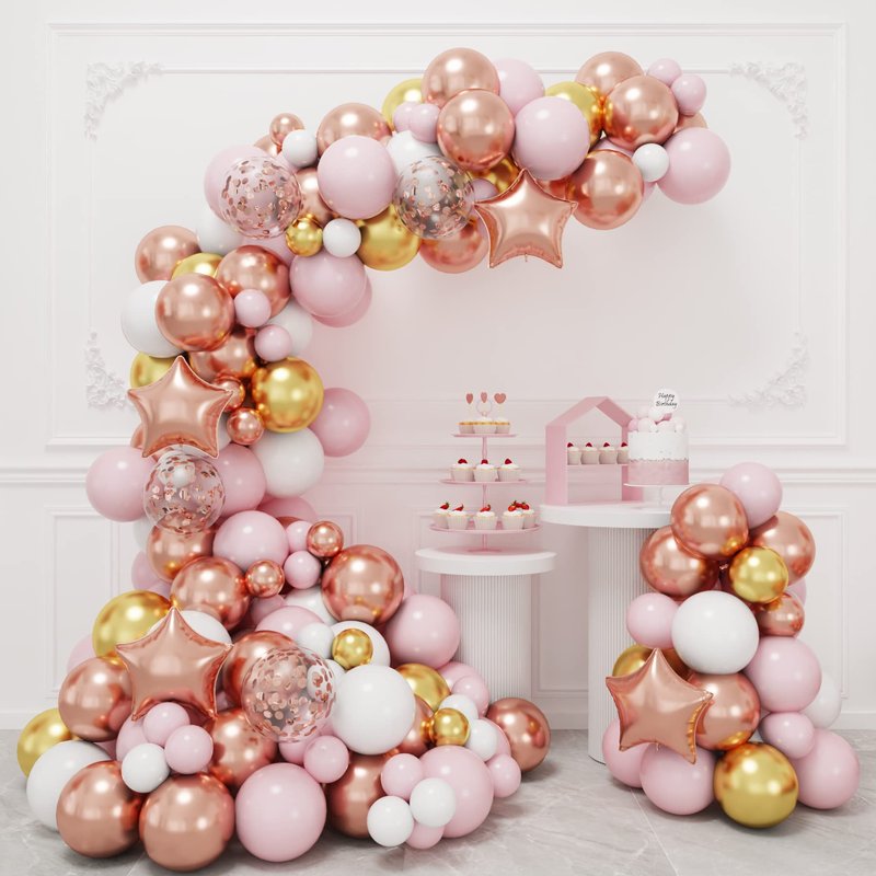 RUBFAC 140pcs Rose Gold Balloon Garland Arch Kit, Light Pink Gold White Metallic Rose Gold Confetti Balloons for Mother's Day Valentine Graduation Birthday Baby Shower Wedding Party Decoration