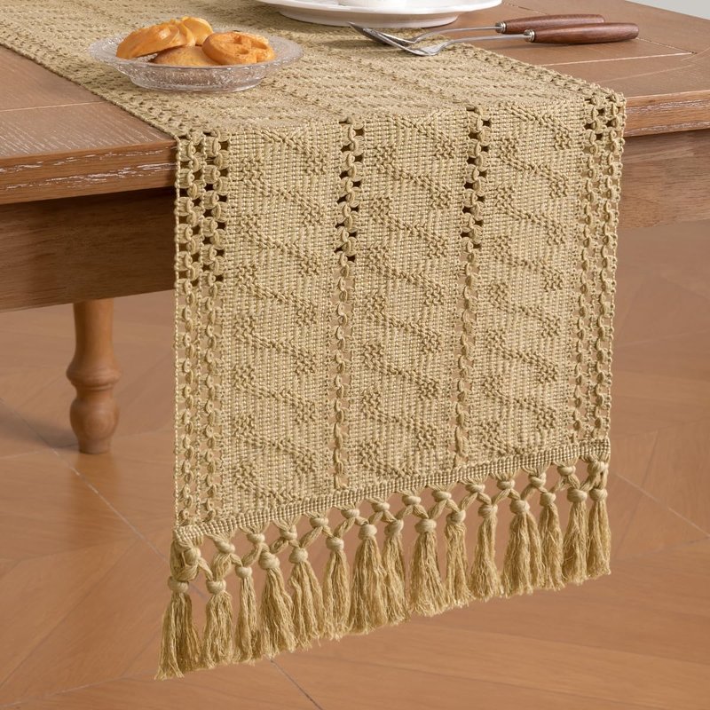 Socomi Boho Table Runner Summer Farmhouse Rustic Dining Kitchen Centerpiece Decor Small Macrame Woven Cotton Linen Coffee Table Runner for Dresser Scarf Home Decor 12x48 inch Champagne