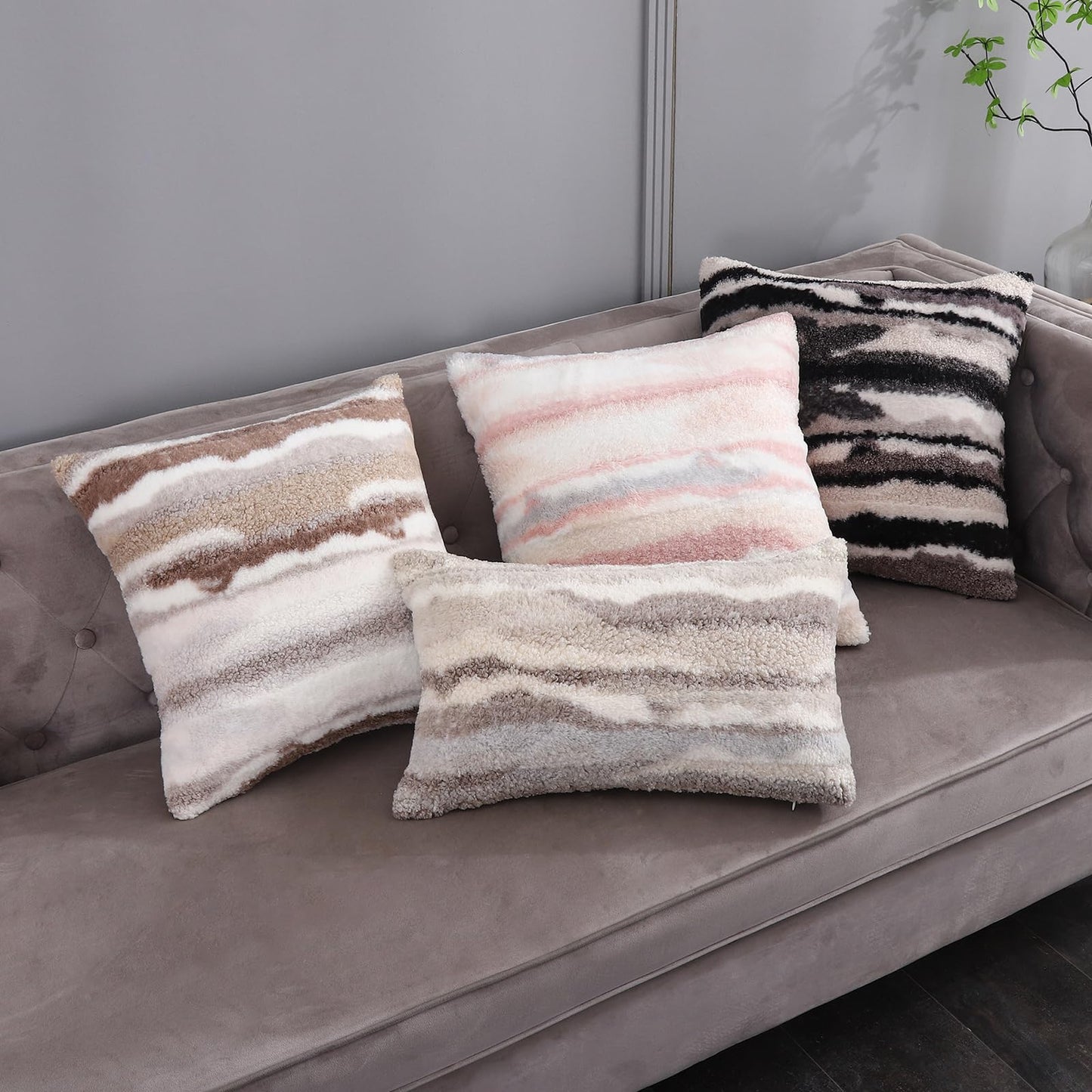 WOKANI Black Faux Fur Fluffy Throw Pillow Covers 20x20 Set of 2 Plush Boho Fuzzy Decorative Cushion Cases Home Indoor Decor Winter Decorations for Couch Bed Sofa,Beige White Grey