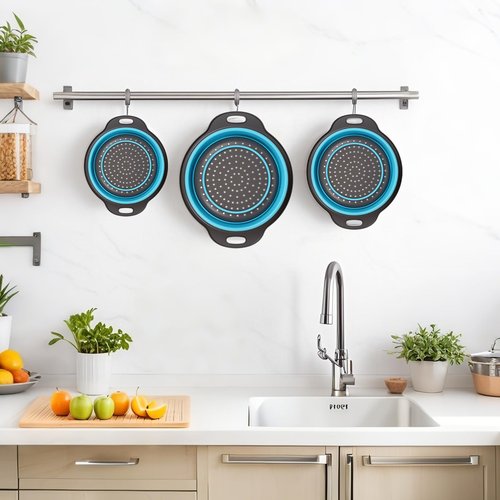 Cluren Collapsible Colander 3-Pack Set Space-Saving Foldable Kitchen Strainer with Non-Slip Base Durable Thickened PP+TPE Collapsible Strainers for Pasta, Vegetables, Fruits (Gray-Blue)