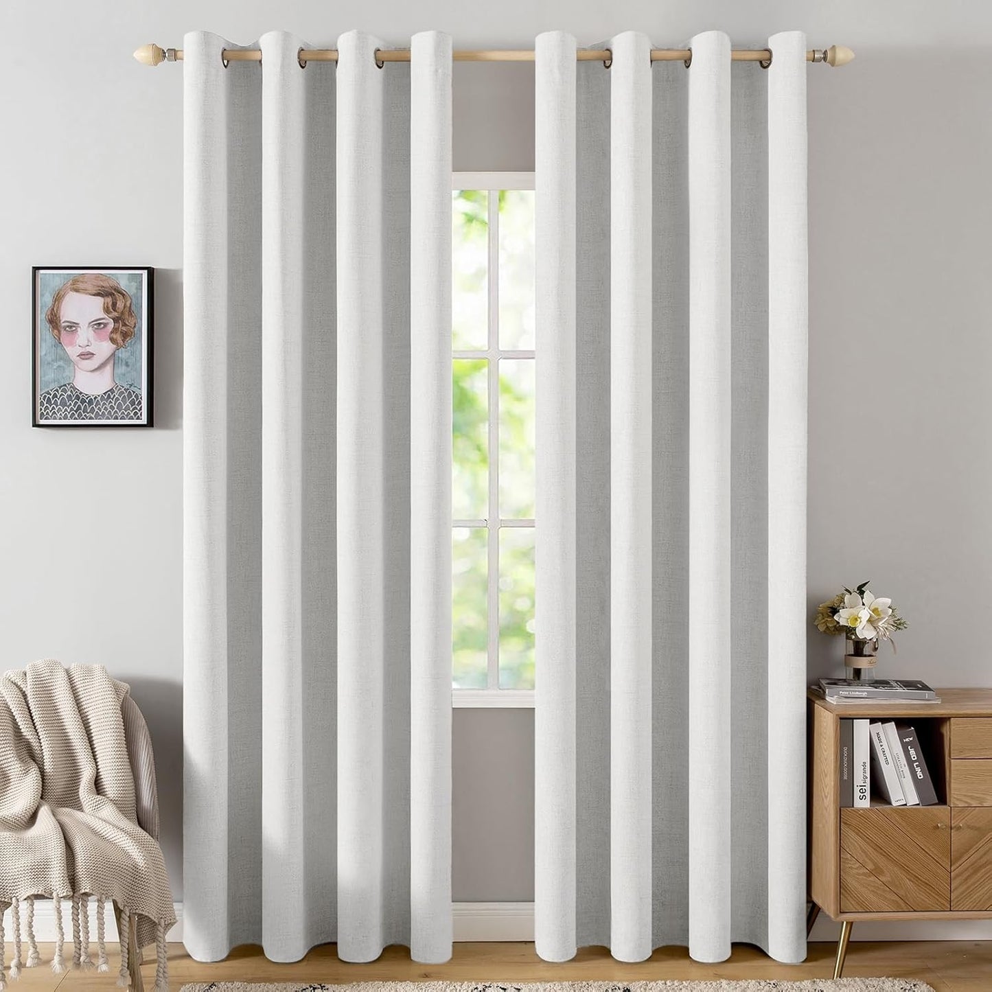 MIULEE 100% Blackout Linen Textured Curtains - Thermal Insulated Heathered White | 52 x 72 Inch (2 Panels)