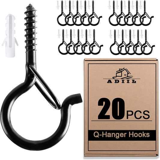 ADIIL Q Hanger Hooks - 20 PCS Windproof Screw Hooks for Outdoor String Lights & Plants | 2.2 Inches, Black