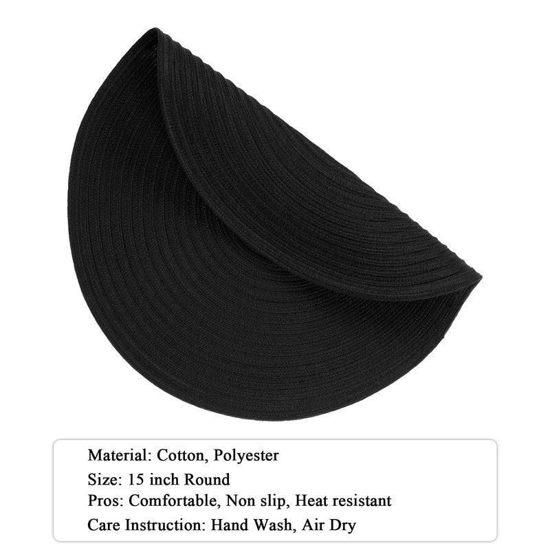 SHACOS Black Round Placemats Set of 12 Heavy Cotton Polyester Woven Braided Place Mats Washable Heat Resistant Non Slip Table Mats