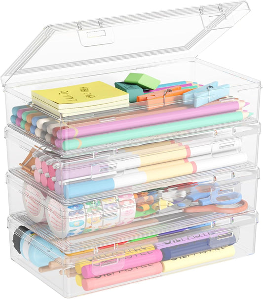 Lifewit Plastic Pencil Box - Large Capacity Snap-Tight Lid Craft Organizer | 4 Pack