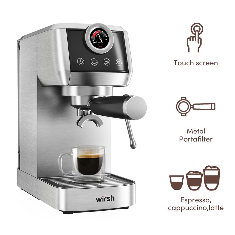wirsh Espresso Machine, 20 Bar Semi-Automatic Espresso Maker with Pressure Gauge, Steam Wand, Stainless Steel Expresso Coffee Machine for Espresso/Latte/Cappuccino, Touch Screen,Home Barista Plus