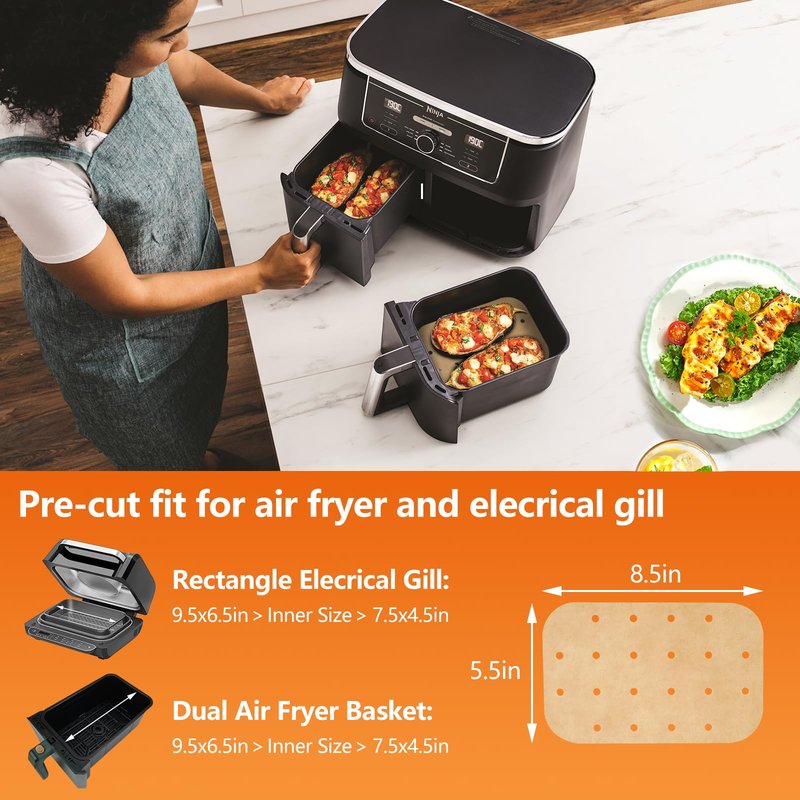 Air Fryer Liners Disposable Parchment Paper Sheets: 50PCS Rectangular Perforated Baking Paper for Ninja DZ201 Foodi 6-in-1 8-qt. 2-Basket and Mini Indoor Grill (8.6x5.5 Inch)