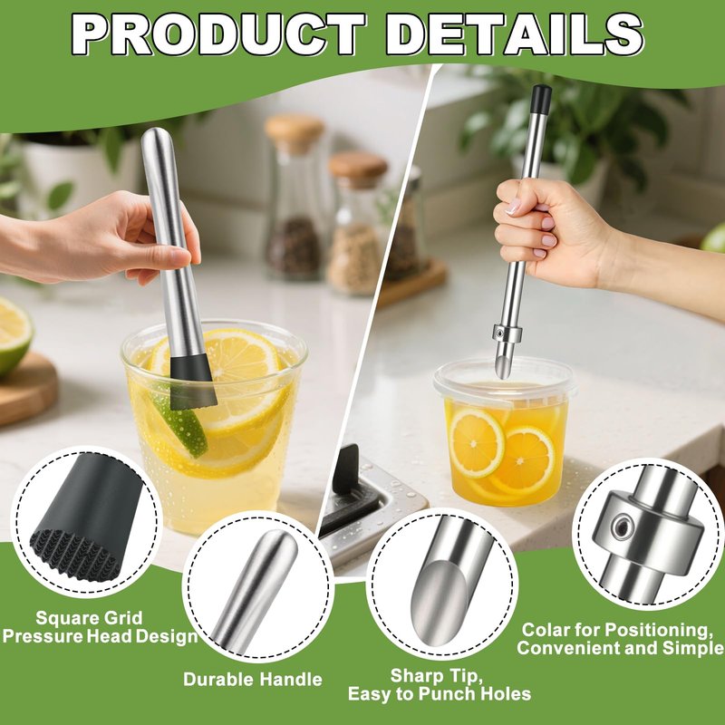 4Pcs Straw Puncher and Muddler Spoon Set 304 Stainless Steel Straw Hole Puncher for Plastic Lids Lemonade Cups Tools for Lemonade Stands Supplies