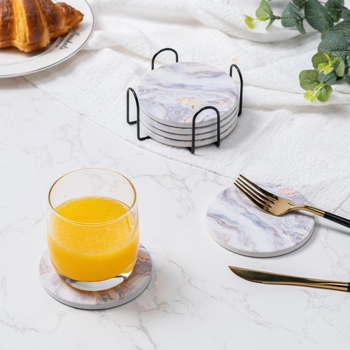 Hoewina 6Pcs Drink Coasters with Holder, Marble Style Ceramic Drink Coaster, Absorbent Coasters Set Suitable for Kinds of Cups, Modern Style Coasters for Coffee Table, 4 Inches（Style 8）